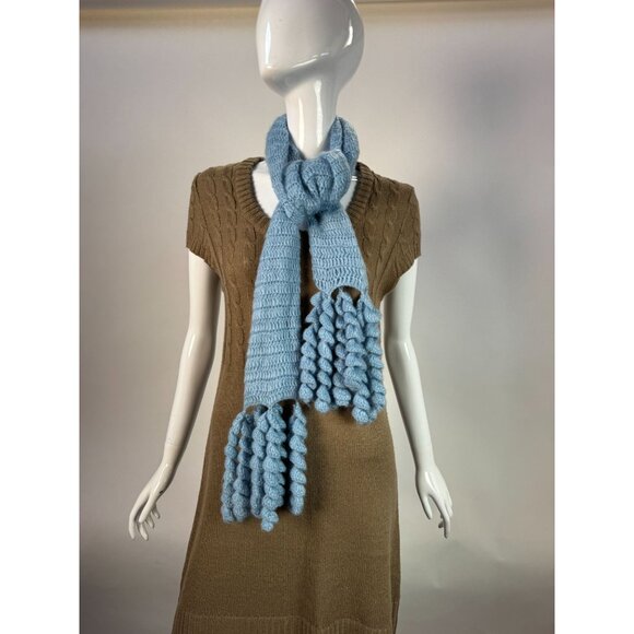 Light Blue Knit Scarf With Twisted Tassels By Green Tea Group - Picture 9 of 15